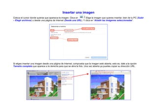 Insertar una imagen
Coloca el cursor donde quieras que aparezca la imagen. Clica en     . Elige la imagen que quieres insertar, bien de tu PC (Subir
– Elegir archivos) o desde una página de Internet (Desde una URL). Y clica en “Añadir las imágenes seleccionadas”.




Si eliges insertar una imagen desde una página de Internet, comprueba que la imagen esté abierta, esto es, dale a la opción
Tamaño completo que aparece a la derecha para que se abra la foto. Una vez abierta ya puedes copiar su dirección URL.
 