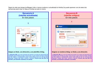Según la vista que tengas de Blogger (más o menos moderna o actualizada la interfaz) te puede aparecer una de estas dos
secuencias para crear un blog; en ambas se pide lo mismo:


                         Secuencia A                                                                          Secuencia B
                    (interfaz actualizada)                                                                 (interfaz antigua)
                        En dos pasos:                                                                        En tres pasos:

                                                                                                                         1
                                      1




Asigna un título, una dirección y una plantilla al blog.                           Asignar un nombre al blog: un título y una dirección.
La dirección URL es la que se tendrá que escribir en la barra de direcciones del   La dirección URL es la que se tendrá que escribir en la barra de direcciones del
navegador para acceder a tu blog. Como ya hay un gran número de blogs, tendrás     navegador para acceder a tu blog. Como ya hay un gran número de blogs, tendrás
que ser creativo y, posiblemente, probar varias antes de dar con una que esté      que ser creativo y, posiblemente, probar varias antes de dar con una que esté
disponible. Puedes usar letras, números y guiones. Procura que sea fácil de        disponible. Puedes usar letras, números y guiones. Procura que sea fácil de
recordar y de transmitir oralmente a los demás.                                    recordar y de transmitir oralmente a los demás.
 
