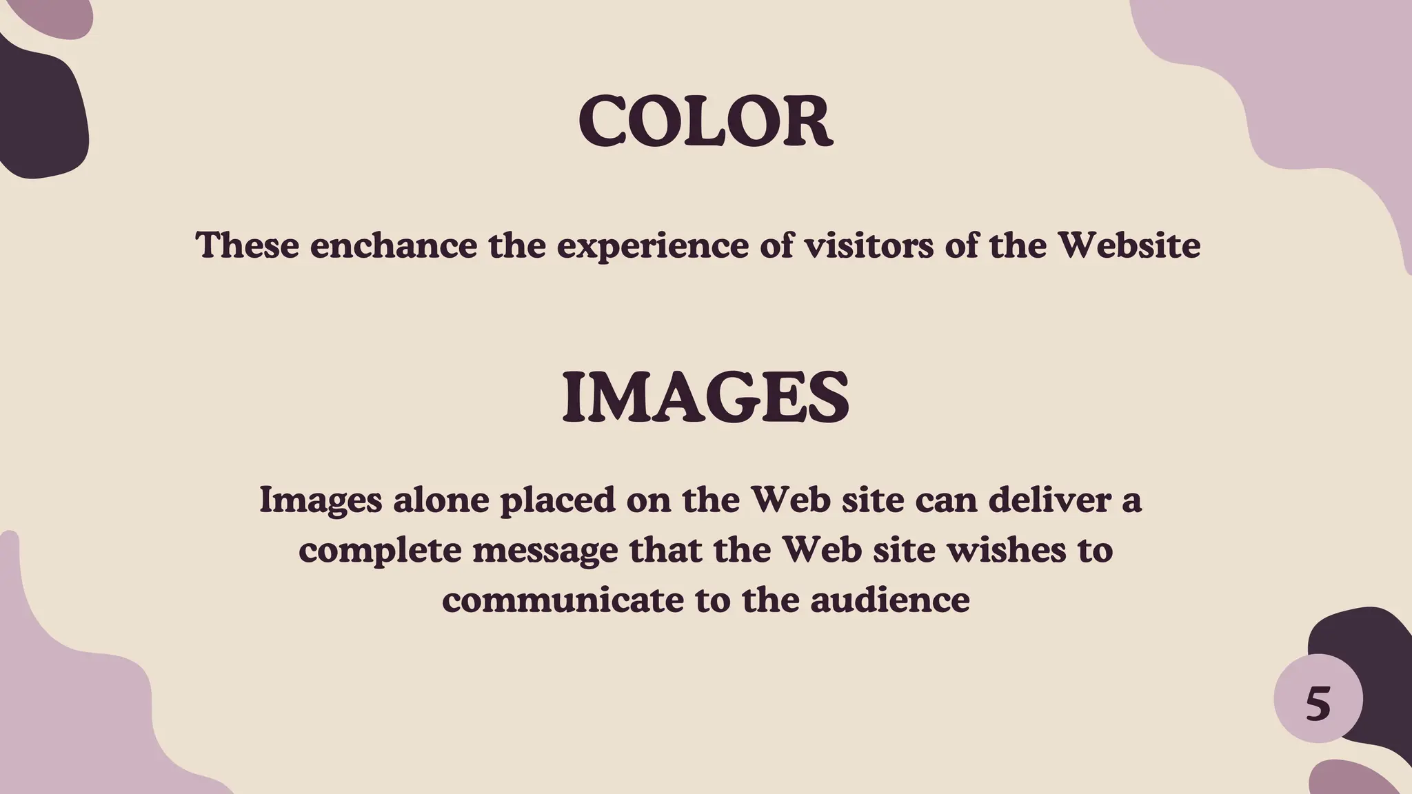 COLOR
These enchance the experience of visitors of the Website
5
IMAGES
﻿
Images alone placed on the Web site can deliver a
complete message that the Web site wishes to
communicate to the audience
 