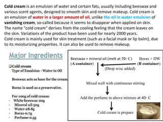 Cold cream is an emulsion of water and certain fats, usually including beeswax and
various scent agents, designed to smooth skin and remove makeup. Cold cream is
an emulsion of water in a larger amount of oil, unlike the oil in water emulsion of
vanishing cream, so-called because it seems to disappear when applied on skin.
The name "cold cream" derives from the cooling feeling that the cream leaves on
the skin. Variations of the product have been used for nearly 2000 years.
Cold cream is mainly used for skin treatment (such as a facial mask or lip balm), due
to its moisturizing properties. It can also be used to remove makeup.
Beeswax + mineral oil (melt at 70⸰ C) Borax + DW
(A container) (B container)
(Drop wise added)
Mixed well with continuous stirring
Add the perfume to above mixture at 40⸰ C
Cold cream is prepare
 