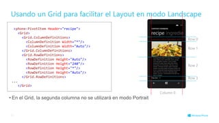 Usando un Grid para facilitar el Layout en modo Landscape
• En el Grid, la segunda columna no se utilizará en modo Portrait
27
<phone:PivotItem Header="recipe">
<Grid>
<Grid.ColumnDefinitions>
<ColumnDefinition Width="*"/>
<ColumnDefinition Width="Auto"/>
</Grid.ColumnDefinitions>
<Grid.RowDefinitions>
<RowDefinition Height="Auto"/>
<RowDefinition Height="240"/>
<RowDefinition Height="*"/>
<RowDefinition Height="Auto"/>
</Grid.RowDefinitions>
...
</Grid>
Row 0
Row 1
Row 2
Row 3
Column 0
 