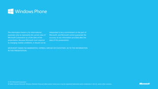 The information herein is for informational
purposes only an represents the current view of
Microsoft Corporation as of the date of this
presentation. Because Microsoft must respond
to changing market conditions, it should not be
interpreted to be a commitment on the part of
Microsoft, and Microsoft cannot guarantee the
accuracy of any information provided after the
date of this presentation.
© 2013 Microsoft Corporation.
All rights reserved. Microsoft, Windows, Windows Vista and other product names are or may be registered trademarks and/or trademarks in the U.S. and/or other countries.
MICROSOFT MAKES NO WARRANTIES, EXPRESS, IMPLIED OR STATUTORY, AS TO THE INFORMATION
IN THIS PRESENTATION.
 