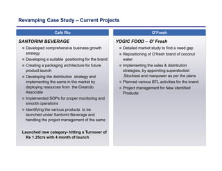 Revamping Case Study – Current Projects
O’FreshCafé Rio
SANTORINI BEVERAGE
 Developed comprehensive business growth
strategy
 Developing a suitable positioning for the brand
 Creating a packaging architecture for future
product launch
 Developing the distribution strategy and
implementing the same in the market by
deploying resources from the Creando
Associate
 Implemented SOPs for proper monitoring and
smooth operations
 Identifying the various products to be
launched under Santorini Beverage and
handling the project management of the same
Launched new category- hitting a Turnover of
Rs 1.25crs with 4 month of launch
YOGIC FOOD – O’ Fresh
 Detailed market study to find a need gap
 Repositioning of O’fresh brand of coconut
water
 Implementing the sales & distribution
strategies, by appointing superstockist
,Stockiest and manpower as per the plans
 Planned various BTL activities for the brand
 Project management for New identified
Products
 