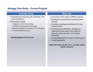 Strategy Case Study – Current Projects
Marya DayAmbrosia foods
 Comprehensive business plan submitted with
5 year projections
 Businesses Include
 Categories to Inter-Entry strategy
 Facilitated by identifying the job workers
 Marketing strategies for the same- 4 P of marketing
 Financials- Breakeven point
Awaiting Approval Of Launch
 Launching of their range of FMCG products
 Developed comprehensive business growth
strategy.
 Creating a packaging architecture for future
product launch
 Developing the distribution strategy and
implementing the same in the market by
deploying resources from the Creando
Associate
 Implemented SOPs for proper monitoring and
smooth operations
Sales T/O- from 0 to Rs 1.5 cr a month, with 6
month of launch
 