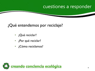 cuestiones a responder


¿Qué entendemos por reciclaje?

   • ¿Qué reciclar?
   • ¿Por qué reciclar?
   • ¿Cómo reciclamos?
 