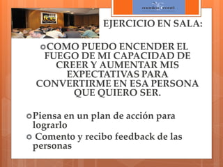 EJERCICIO EN SALA:
 COMO PUEDO ENCENDER EL

FUEGO DE MI CAPACIDAD DE
CREER Y AUMENTAR MIS
EXPECTATIVAS PARA
CONVERTIRME EN ESA PERSONA
QUE QUIERO SER.
 Piensa

en un plan de acción para
lograrlo
 Comento y recibo feedback de las
personas

 