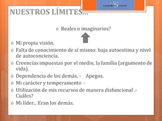NUESTROS LÍMITES...
é Reales o imaginarios?
é Mi propia visión.
é Falta de conocimiento de sí mismo: baja autoestima y nivel
é
é
é
é
é

de autoconciencia.
Creencias impuestas por el medio, la familia (argumento de
vida).
Dependencia de los demás. - Apegos.
Mi carácter y temperamento Utilización de mis recursos de manera disfuncional .Cuáles?
Mi líder... Eran los demás.

 