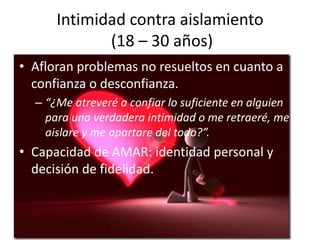 Intimidad contra aislamiento
(18 – 30 años)
• Afloran problemas no resueltos en cuanto a
confianza o desconfianza.
– “¿Me atreveré a confiar lo suficiente en alguien
para una verdadera intimidad o me retraeré, me
aislare y me apartare del todo?”.

• Capacidad de AMAR: identidad personal y
decisión de fidelidad.

 