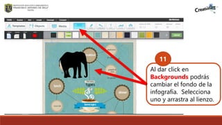 .
Al dar click en
Backgrounds podrás
cambiar el fondo de la
infografía. Selecciona
uno y arrastra al lienzo.
11