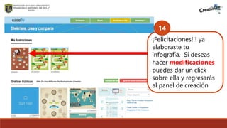 .
¡Felicitaciones!!! ya
elaboraste tu
infografía. Si deseas
hacer modificaciones
puedes dar un click
sobre ella y regresarás
al panel de creación.
14