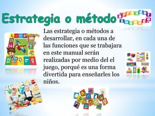 Las estrategia o métodos a
desarrollar, en cada una de
las funciones que se trabajara
en este manual serán
realizadas por medio del el
juego, porqué es una forma
divertida para enseñarles los
niños.
 