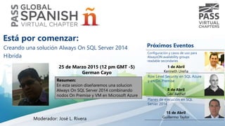 Creando una solución Always On SQL Server 2014
Híbrida
25 de Marzo 2015 (12 pm GMT -5)
German Cayo
Resumen:
En esta sesion diseñaremos una solucion
Always On SQL Server 2014 combinando
nodos On Premise y VM en Microsoft Azure
Está por comenzar:
Próximos Eventos
Moderador: José L. Rivera
Row Level Security en SQL Azure
y en On Premise
8 de Abril
Geri Reshef
Configuración y casos de uso para
AlwaysON availability groups
readable secondaries
1 de Abril
Kenneth Ureña
Planes de ejecución en SQL
Server 2014
15 de Abril
Guillermo Taylor
 