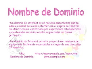 Nombre de Dominio Un dominio de Internet es un recurso nemotécnico que se asocia a nodos de la red Internet con el objeto de facilitar su identificación, constituido por expresiones alfanuméricas concatenadas en varios niveles organizados de forma jerárquica.  Un dominio de Internet permite proporcionar nombres de equipo más fácilmente recordables en lugar de una dirección IP numérica.  URL:  http://www.example.com/index.html Nombre de Dominio:  www.example.com 