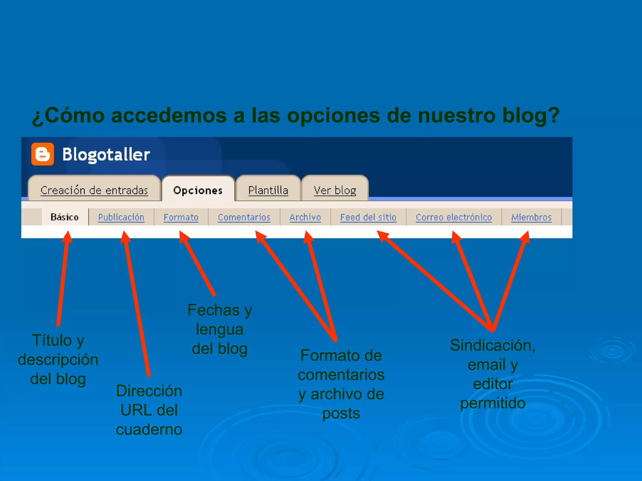 ¿Cómo accedemos a las opciones de nuestro blog? Dirección URL del cuaderno Fechas y lengua del blog Título y descripción del blog Formato de comentariosy archivo de posts Sindicación,email y editor permitido 