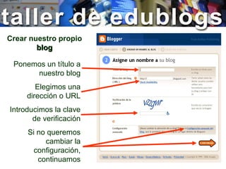 Crear nuestro propio  blog Ponemos un título a nuestro blog Elegimos una dirección o URL Introducimos la clave de verificación Si no queremos cambiar la configuración, continuamos 