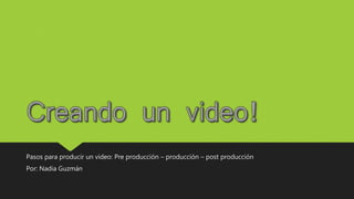 Pasos para producir un video: Pre producción – producción – post producción
Por: Nadia Guzmán
 