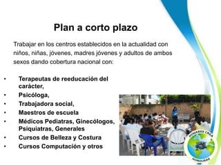 Plan a corto plazo
    Trabajar en los centros establecidos en la actualidad con
    niños, niñas, jóvenes, madres jóvenes y adultos de ambos
    sexos dando cobertura nacional con:

•    Terapeutas de reeducación del
     carácter,
•    Psicóloga,
•    Trabajadora social,
•    Maestros de escuela
•    Médicos Pediatras, Ginecólogos,
     Psiquiatras, Generales
•    Cursos de Belleza y Costura
•    Cursos Computación y otros
 