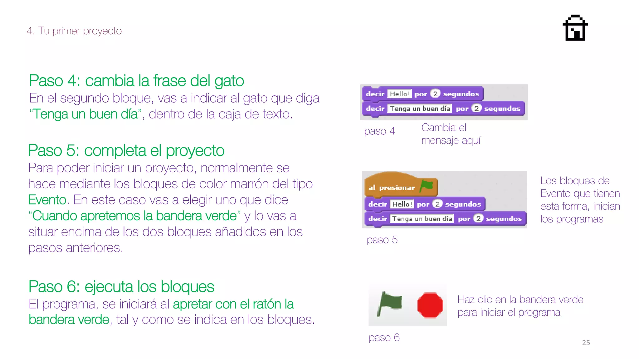 4. Tu primer proyecto
25
Paso 4: cambia la frase del gato
En el segundo bloque, vas a indicar al gato que diga
“Tenga un buen día”, dentro de la caja de texto.
Paso 6: ejecuta los bloques
El programa, se iniciará al apretar con el ratón la
bandera verde, tal y como se indica en los bloques.
paso 4
paso 5
paso 6
Cambia el
mensaje aquí
Paso 5: completa el proyecto
Para poder iniciar un proyecto, normalmente se
hace mediante los bloques de color marrón del tipo
Evento. En este caso vas a elegir uno que dice
“Cuando apretemos la bandera verde” y lo vas a
situar encima de los dos bloques añadidos en los
pasos anteriores.
Los bloques de
Evento que tienen
esta forma, inician
los programas
Haz clic en la bandera verde
para iniciar el programa
 