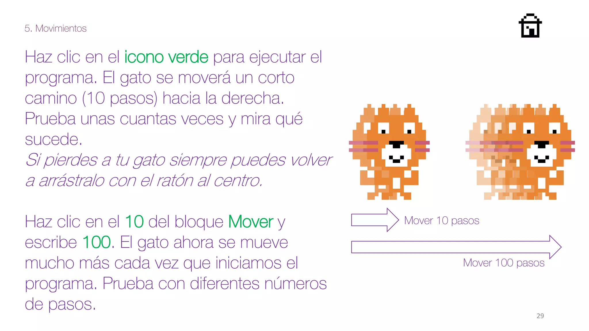 5. Movimientos
29
Haz clic en el icono verde para ejecutar el
programa. El gato se moverá un corto
camino (10 pasos) hacia la derecha.
Prueba unas cuantas veces y mira qué
sucede.
Si pierdes a tu gato siempre puedes volver
a arrástralo con el ratón al centro.
Haz clic en el 10 del bloque Mover y
escribe 100. El gato ahora se mueve
mucho más cada vez que iniciamos el
programa. Prueba con diferentes números
de pasos.
Mover 10 pasos
Mover 100 pasos
 