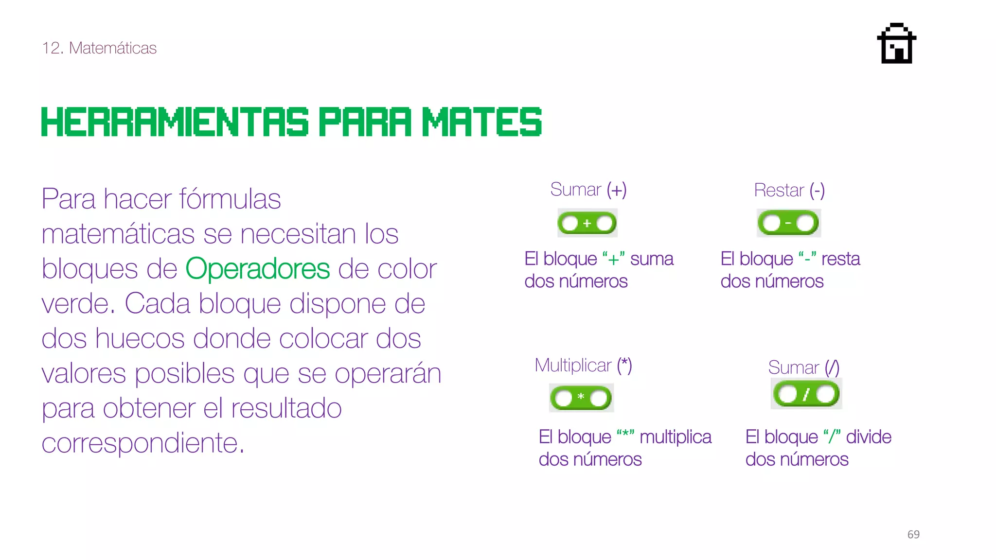 12. Matemáticas
69
Herramientas para mates
Para hacer fórmulas
matemáticas se necesitan los
bloques de Operadores de color
verde. Cada bloque dispone de
dos huecos donde colocar dos
valores posibles que se operarán
para obtener el resultado
correspondiente.
Sumar (+) Restar (-)
Multiplicar (*) Sumar (/)
El bloque “+” suma
dos números
El bloque “-” resta
dos números
El bloque “*” multiplica
dos números
El bloque “/” divide
dos números
 
