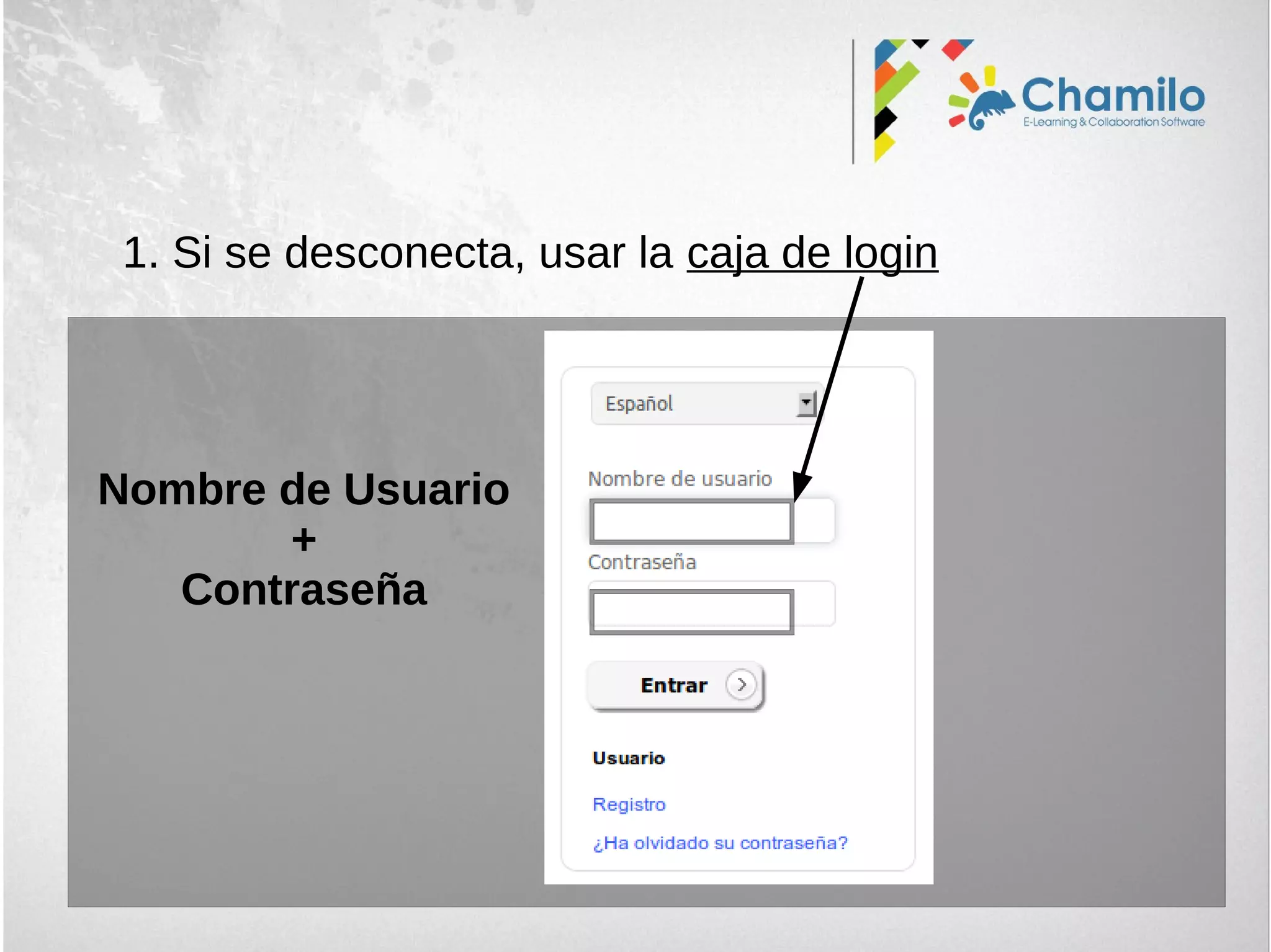 1. Si se desconecta, usar la caja de login
Nombre de Usuario
+
Contraseña
 