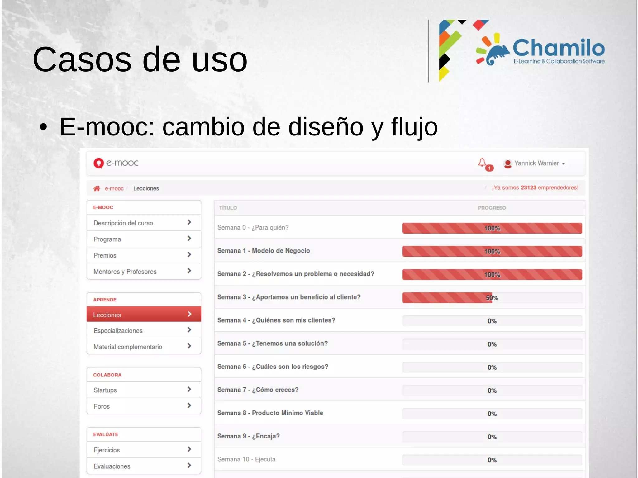 Casos de uso
● E-mooc: cambio de diseño y flujo
 