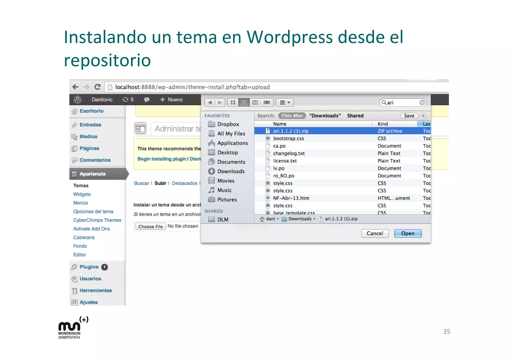 Instalando	
  un	
  tema	
  en	
  Wordpress	
  desde	
  el	
  
repositorio	
  
35	
  
 