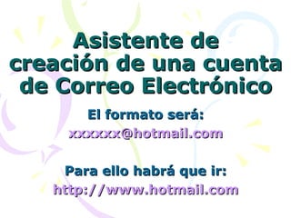 Asistente de creación de una cuenta de Correo Electrónico El formato será: [email_address] Para ello habrá que ir: http :// www.hotmail.com 