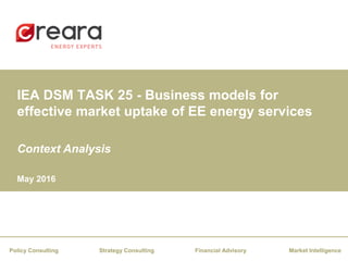 Financial AdvisoryStrategy Consulting Market IntelligencePolicy Consulting
IEA DSM TASK 25 - Business models for
effective market uptake of EE energy services
Context Analysis
May 2016
 