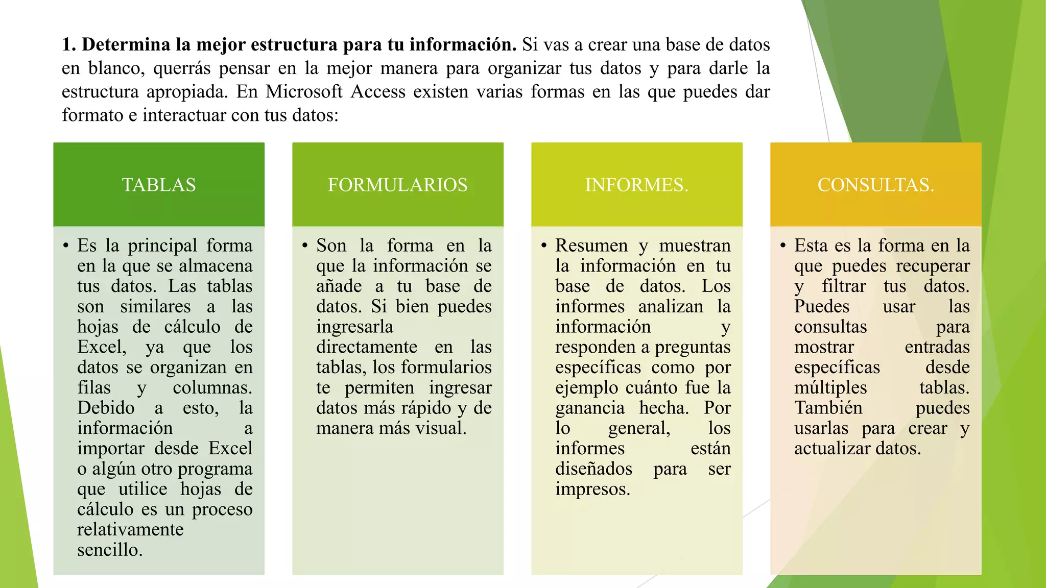 1. Determina la mejor estructura para tu información. Si vas a crear una base de datos
en blanco, querrás pensar en la mejor manera para organizar tus datos y para darle la
estructura apropiada. En Microsoft Access existen varias formas en las que puedes dar
formato e interactuar con tus datos:
TABLAS
• Es la principal forma
en la que se almacena
tus datos. Las tablas
son similares a las
hojas de cálculo de
Excel, ya que los
datos se organizan en
filas y columnas.
Debido a esto, la
información a
importar desde Excel
o algún otro programa
que utilice hojas de
cálculo es un proceso
relativamente
sencillo.
FORMULARIOS
• Son la forma en la
que la información se
añade a tu base de
datos. Si bien puedes
ingresarla
directamente en las
tablas, los formularios
te permiten ingresar
datos más rápido y de
manera más visual.
INFORMES.
• Resumen y muestran
la información en tu
base de datos. Los
informes analizan la
información y
responden a preguntas
específicas como por
ejemplo cuánto fue la
ganancia hecha. Por
lo general, los
informes están
diseñados para ser
impresos.
CONSULTAS.
• Esta es la forma en la
que puedes recuperar
y filtrar tus datos.
Puedes usar las
consultas para
mostrar entradas
específicas desde
múltiples tablas.
También puedes
usarlas para crear y
actualizar datos.
 