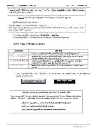 INTERNET : LIBROS ELECTRÓNICOS                                                   LIC. ALDO VEGA ROSALES

  <embed width="200" autostart="true" loop="true" src="Pega Aquí la Dirección URL del sonido
  MIDI" height="40"></embed>

              NOTA: En el código src pega la dirección del sonido Midi copiado.

      Quedaría de la siguiente manera:
  <embed width="200" autostart="true" loop="true"
  src="http://www.culturageneral.net/musica/clasica/htm/../htm/midis/sonata_no_14_claro_de_luna.
  mid" height="40"></embed>

      E.- Finalmente Seleccione el botón GUARDAR y Ver blog.
      F.- Puedes reubicar el elemento añadido o cambiar el sonido Midi por otro.


      NOTAS PARA TOMAR EN CUENTA:


       Parámetro                                                 Utilidad
    SRC                         Contiene la dirección URL del archivo de sonido a reproducir
    WIDTH y HEIGHT              Aparece un pequeño reproductor, estos parámetros especifican su
                                tamaño. Ancho y Alto respectivamente.
    AUTOSTART="true"            Arranca automáticamente la reproducción. Para que no arranque
                                automáticamente en lugar de “true” colocamos “0”
    LOOP="true"                 Reproduce ininterrumpidamente el fichero hasta que salimos de la
                                página.


          Como se dio WIDTH="200" y HEIGTH="40" se mostrará un controlador de sonido. Según el
          sistema operativo será:




                   Aquí unas páginas web para obtener direcciones de melodías Midi:

    Para obtener la URL de otras melodías revisa las siguientes páginas. Sólo haz Clic derecho sobre el
    Enlace y selecciona Propiedades, luego Selecciona y Copia la URL de la ventana que aparece:

                  http://www.geocities.com/CollegePark/Dorm/9834/midi.html
                  http://www.piano-midi.de/beeth_es.htm
                  http://photofiltrecastellano.iespana.es/musicamidi.htm




                                                                                             PAGINA - 33   -
 