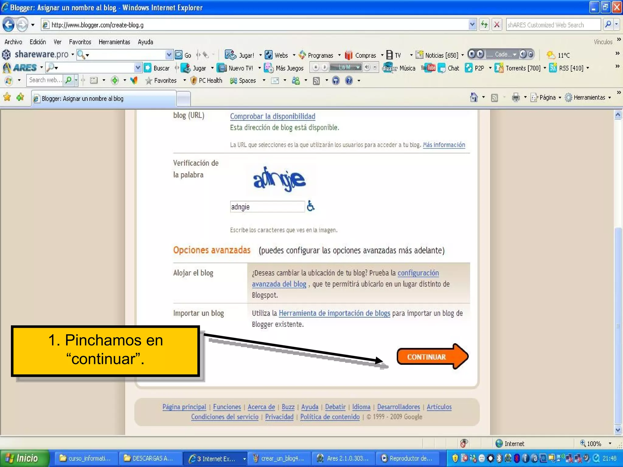 1. Pinchamos en “continuar”. 