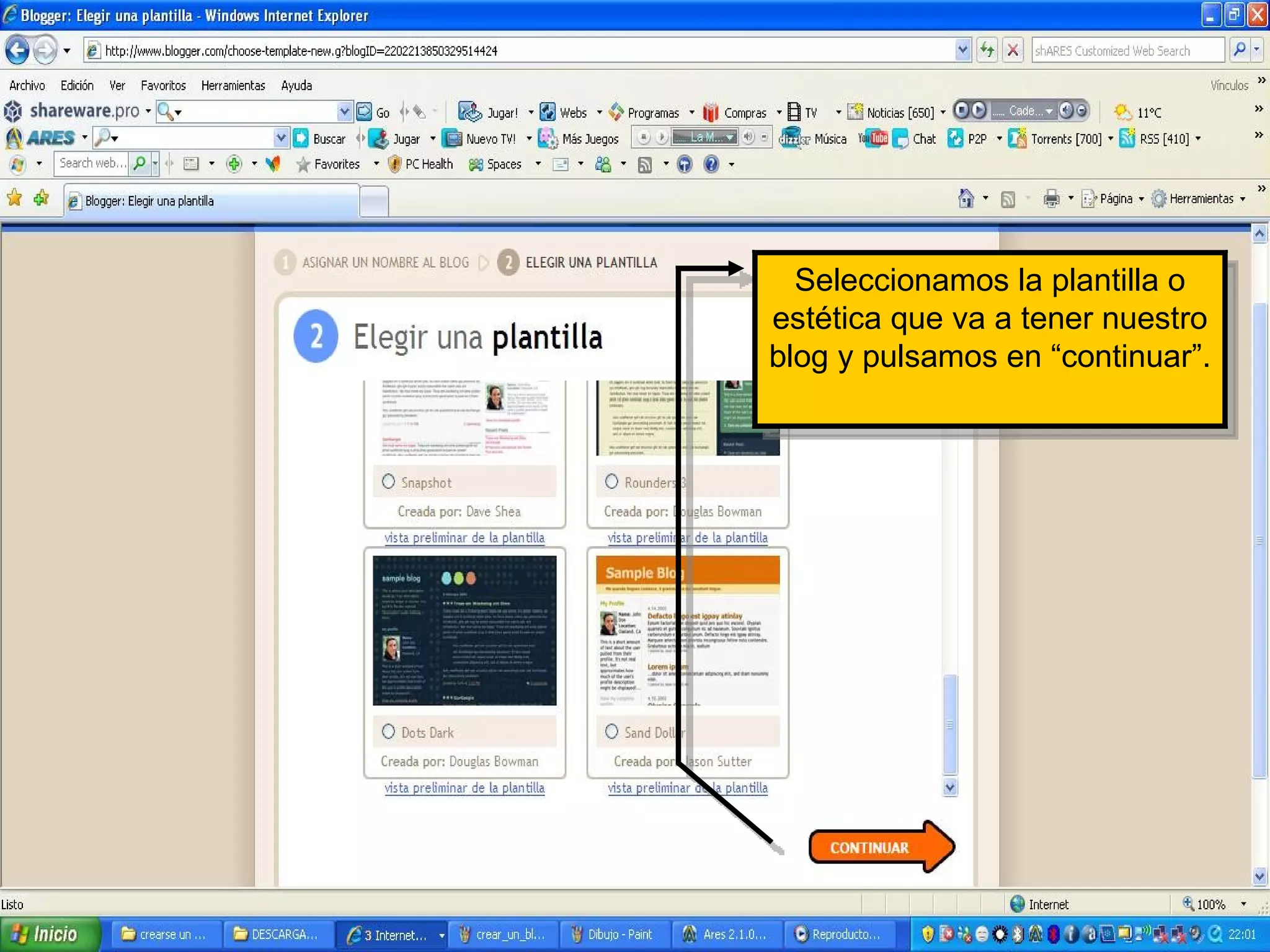 Seleccionamos la plantilla o estética que va a tener nuestro blog y pulsamos en “continuar”. 