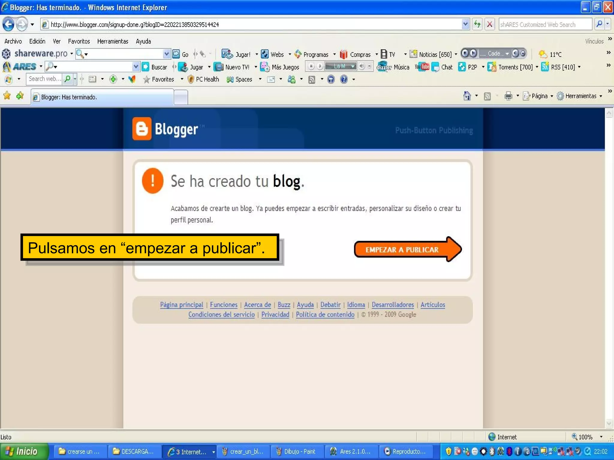 Pulsamos en “empezar a publicar”. 