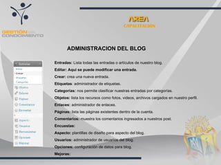 CAPACITACIÓN ADMINISTRACION DEL BLOG Entradas:  Lista todas las entradas o artículos de nuestro blog. Editar: Aquí se puede modificar una entrada. Crear:  crea una nueva entrada. Etiquetas : administrador de etiquetas. Categorías:  nos permite clasificar nuestras entradas por categorías. Objetos:  lista los recursos como fotos, videos, archivos cargados en nuestro perfil. Enlaces:  administrador de enlaces. Páginas:  lista las páginas existentes dentro de la cuenta. Comentarios:  muestra los comentarios ingresados a nuestros post. Encuestas:  Aspecto:  plantillas de diseño para aspecto del blog. Usuarios:  administrador de usuarios del blog. Opciones:  configuración de datos para blog.  Mejoras:  