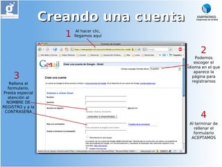 Creando una cuenta
                     1    Al hacer clic,
                         llegamos aquí



                                                 2
                                                Podemos
                                               escoger el
                                           idioma en el que
                                               aparece la
     3                                        página para
                                              registrarnos
   Rellena el
  formulario.
Presta especial
  atención al
  NOMBRE DE
REGISTRO y a la

                                                 4
 CONTRASEÑA


                                            Al terminar de
                                              rellenar el
                                              formulario
                                             ACEPTAMOS
 