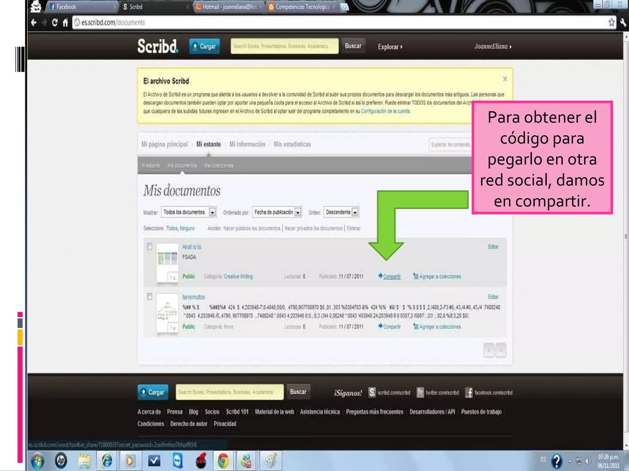 Para obtener el código para pegarlo en otra red social, damos en compartir.