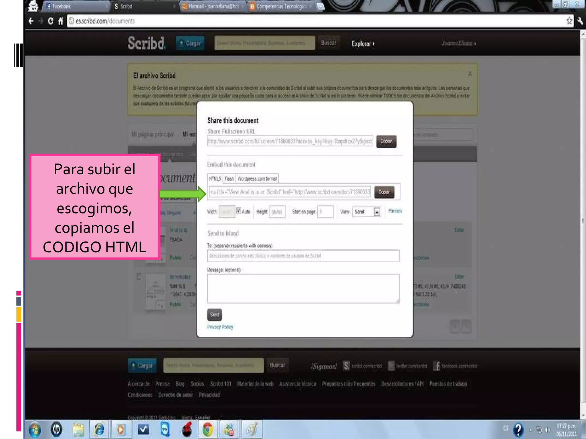 Para subir el archivo que escogimos, copiamos el CODIGO HTML
