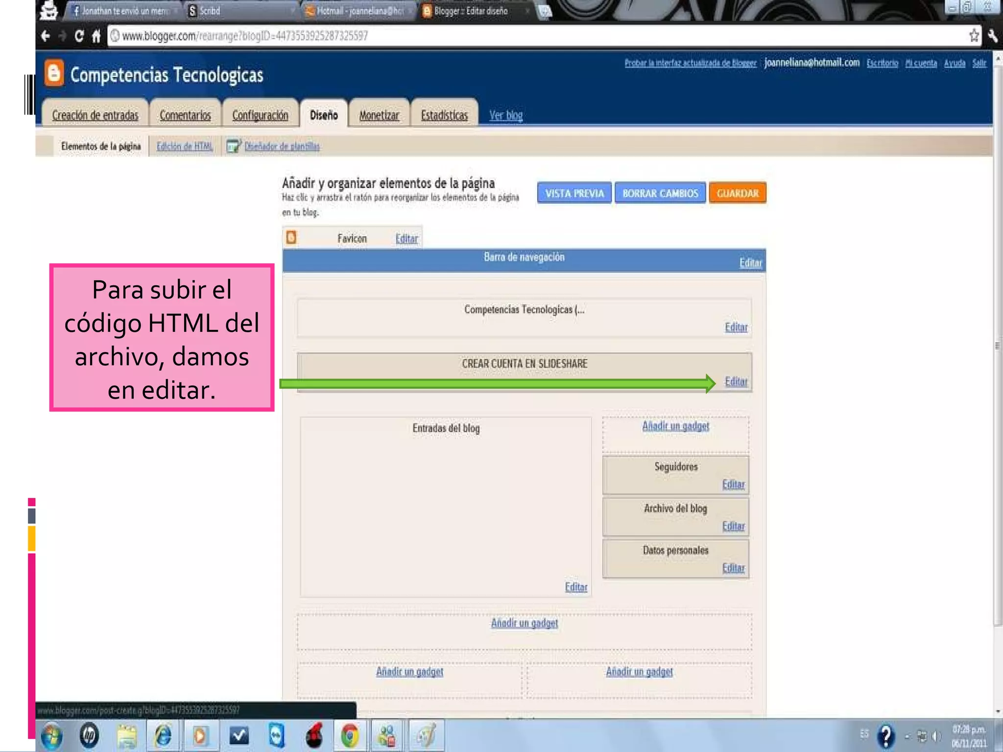 Para subir el código HTML del archivo, damos en editar.