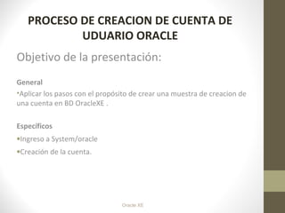 Oracle XE
PROCESO DE CREACION DE CUENTA DE
UDUARIO ORACLE
Objetivo de la presentación:
General
•Aplicar los pasos con el propósito de crear una muestra de creacion de
una cuenta en BD OracleXE .
Específicos
•Ingreso a System/oracle
•Creación de la cuenta.
 