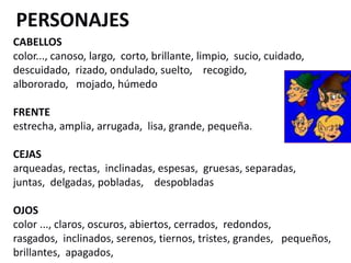 PERSONAJES
CABELLOS
color..., canoso, largo, corto, brillante, limpio, sucio, cuidado,
descuidado, rizado, ondulado, suelto, recogido,
albororado, mojado, húmedo
FRENTE
estrecha, amplia, arrugada, lisa, grande, pequeña.
CEJAS
arqueadas, rectas, inclinadas, espesas, gruesas, separadas,
juntas, delgadas, pobladas, despobladas
OJOS
color ..., claros, oscuros, abiertos, cerrados, redondos,
rasgados, inclinados, serenos, tiernos, tristes, grandes, pequeños,
brillantes, apagados,
 