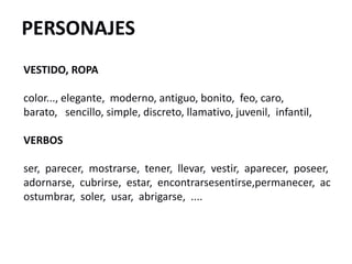 PERSONAJES
VESTIDO, ROPA
color..., elegante, moderno, antiguo, bonito, feo, caro,
barato, sencillo, simple, discreto, llamativo, juvenil, infantil,
VERBOS
ser, parecer, mostrarse, tener, llevar, vestir, aparecer, poseer,
adornarse, cubrirse, estar, encontrarsesentirse,permanecer, ac
ostumbrar, soler, usar, abrigarse, ....
 
