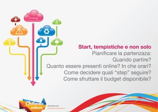 Strategy




                       Start, tempistiche e non solo
                             Pianificare la partenzaza:
                                      Quando partire?
           Quanto essere presenti online? In che orari?
                 Come decidere quali “step” seguire?
                 Come sfruttare il budget disponibile?
 