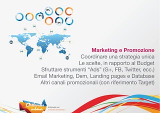 Marketing e Promozione
                    Coordinare una strategia unica
                   Le scelte, in rapporto al Budget
  Sfruttare strumenti “Ads” (G+, FB, Twitter, ecc.)
Email Marketing, Dem, Landing pages e Database
  Altri canali promozionali (con riferimento Target)
 
