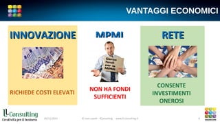 VANTAGGI ECONOMICI
05/11/2015 © Livio Lavelli - llConsulting www.ll-consulting.it 8
INNOVAZIONEINNOVAZIONE MPMIMPMI RETERETE
RICHIEDE COSTI ELEVATI
NON HA FONDI
SUFFICIENTI
CONSENTE
INVESTIMENTI
ONEROSI
 