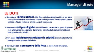 Manager di rete
05/11/2015 © Livio Lavelli - llConsulting www.ll-consulting.it 18
a. a. Deve essere ilDeve essere il primo partnerprimo partner della Rete: relazione amichevoli tra le per-sonedella Rete: relazione amichevoli tra le per-sone
sono di fondamentale importanza, a volte ancora più della professionalità. Senzasono di fondamentale importanza, a volte ancora più della professionalità. Senza
amicizia e fiducia reciproca la Rete non può funzionare;amicizia e fiducia reciproca la Rete non può funzionare;
b. Deve avereb. Deve avere doti psicologichedoti psicologiche non indifferenti, per essere in grado di gestire inon indifferenti, per essere in grado di gestire i
ruoli attenuando le personalità dominanti e stimolando le opinioni e le idee diruoli attenuando le personalità dominanti e stimolando le opinioni e le idee di
tutti gli individui coinvolti;tutti gli individui coinvolti;
c. Deve saperc. Deve saper individuare e anticipare le criticitàindividuare e anticipare le criticità che in modo naturaleche in modo naturale
emergono nella gestione della Rete;emergono nella gestione della Rete;
d. Deve avere doti did. Deve avere doti di promotore della Retepromotore della Rete, in modo multi direzionale., in modo multi direzionale.
LE DOTI
 