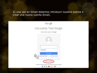 2) una vez en Gmail debemos introducir nuestra cuenta o
crear una nueva cuenta Gmail.
 