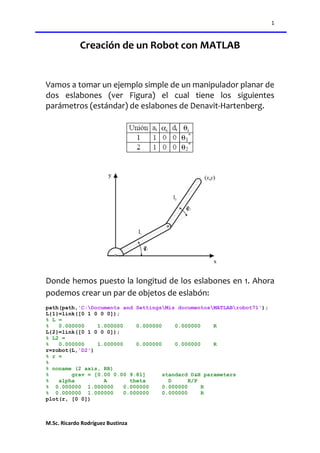 1 
 
M.Sc. Ricardo Rodríguez Bustinza 
 
Creación de un Robot con MATLAB 
 
Vamos a tomar un ejemplo simple de un manipulador planar de 
dos  eslabones  (ver  Figura)  el  cual  tiene  los  siguientes 
parámetros (estándar) de eslabones de Denavit‐Hartenberg. 
 
 
 
 
 
Donde hemos puesto la longitud de los eslabones en 1. Ahora 
podemos crear un par de objetos de eslabón: 
path(path,'C:Documents and SettingsMis documentosMATLABrobot71');
L{1}=link([0 1 0 0 0]);
% L =
% 0.000000 1.000000 0.000000 0.000000 R
L{2}=link([0 1 0 0 0]);
% L2 =
% 0.000000 1.000000 0.000000 0.000000 R
r=robot(L,'D2')
% r =
%
% noname (2 axis, RR)
% grav = [0.00 0.00 9.81] standard D&H parameters
% alpha A theta D R/P
% 0.000000 1.000000 0.000000 0.000000 R
% 0.000000 1.000000 0.000000 0.000000 R
plot(r, [0 0])
 