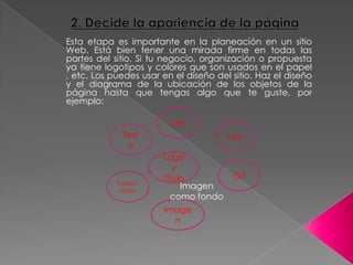 Esta etapa es importante en la planeación en un sitio
Web. Está bien tener una mirada firme en todas las
partes del sitio. Si tu negocio, organización o propuesta
ya tiene logotipos y colores que son usados en el papel
, etc. Los puedes usar en el diseño del sitio. Haz el diseño
y el diagrama de la ubicación de los objetos de la
página hasta que tengas algo que te guste, por
ejemplo:
Logo
y
Título
Link
Link
Gif
Image
n
Patroci-
nador
Text
o
Imagen
como fondo
 