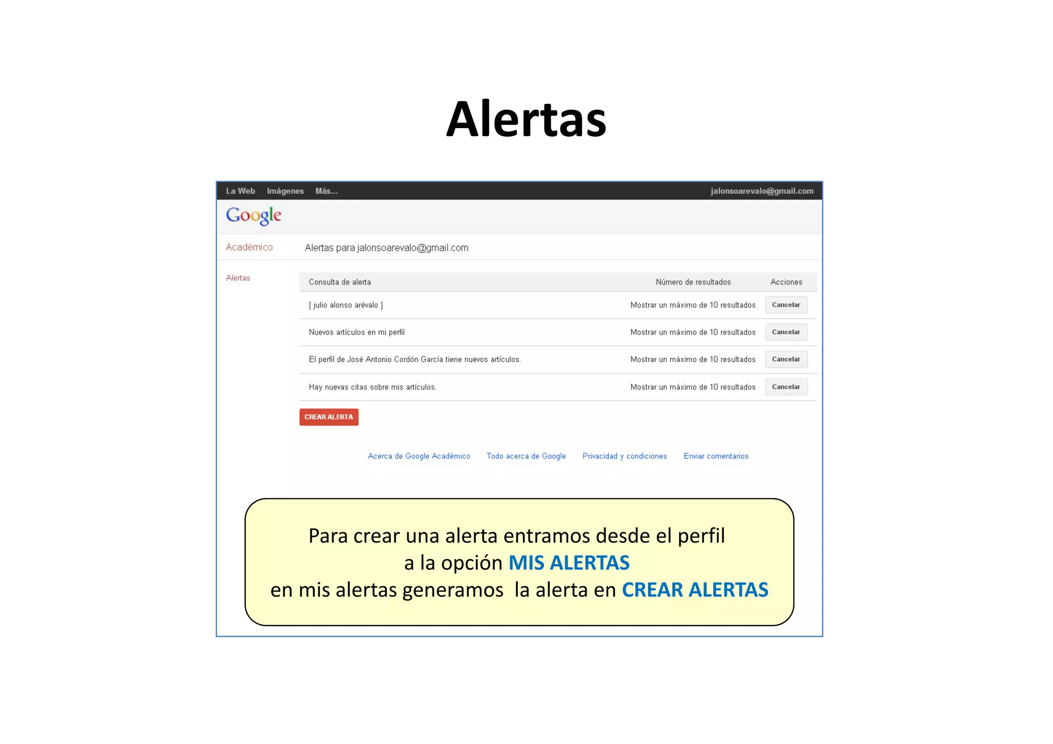 AlertasAlertas
Para crear una alerta entramos desde el perfilPara crear una alerta entramos desde el perfil 
a la opción MIS ALERTAS 
en mis alertas generamos  la alerta en CREAR ALERTAS
 